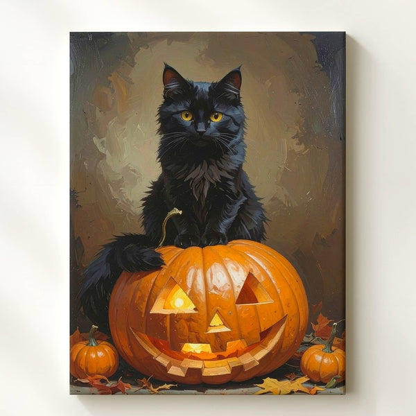 Halloween Cat in Pumpkin Canvas – Cozy Autumn Jack-o'-Lantern Wall Art - Gifitto