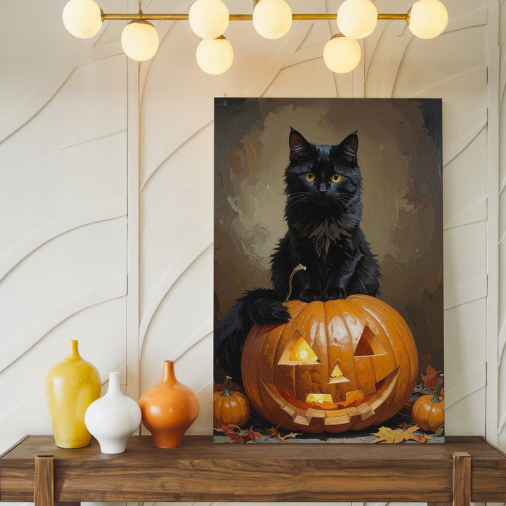 Halloween Cat in Pumpkin Canvas – Cozy Autumn Jack-o'-Lantern Wall Art - Gifitto