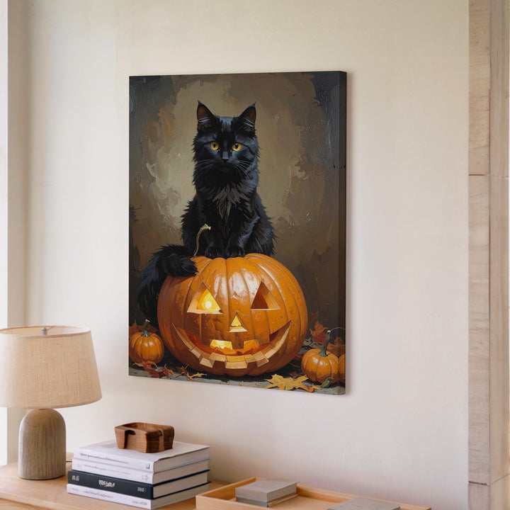 Halloween Cat in Pumpkin Canvas – Cozy Autumn Jack-o'-Lantern Wall Art - Gifitto
