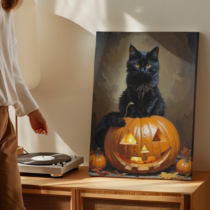 Halloween Cat in Pumpkin Canvas – Cozy Autumn Jack-o'-Lantern Wall Art - Gifitto