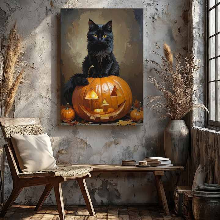 Halloween Cat in Pumpkin Canvas – Cozy Autumn Jack-o'-Lantern Wall Art - Gifitto