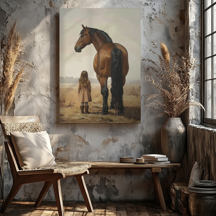 Kindred Stillness Canvas – Girl and Horse from Behind in Autumn Field - Gifitto