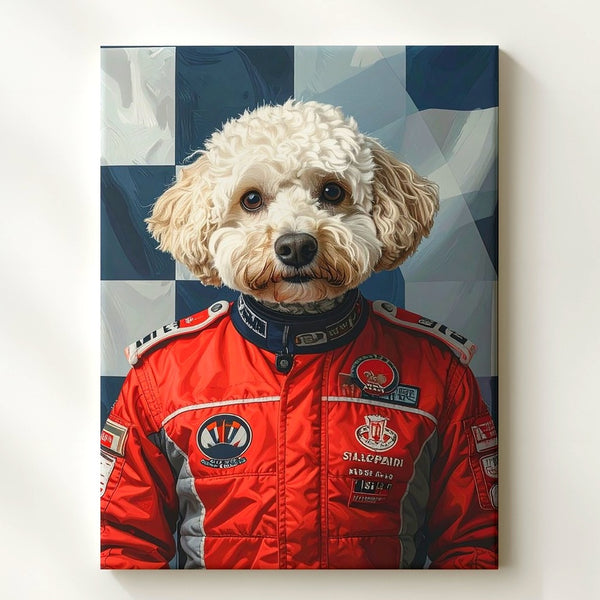 Ferrari Racing Dog Canvas – Humorous F1-Inspired Pet Portrait Wall Art - Gifitto