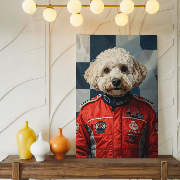 Ferrari Racing Dog Canvas – Humorous F1-Inspired Pet Portrait Wall Art - Gifitto