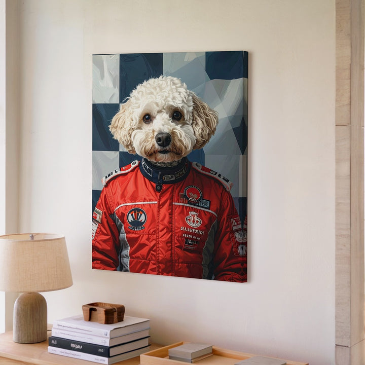 Ferrari Racing Dog Canvas – Humorous F1-Inspired Pet Portrait Wall Art - Gifitto