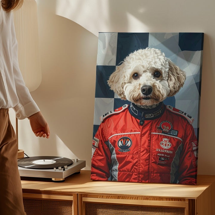 Ferrari Racing Dog Canvas – Humorous F1-Inspired Pet Portrait Wall Art - Gifitto