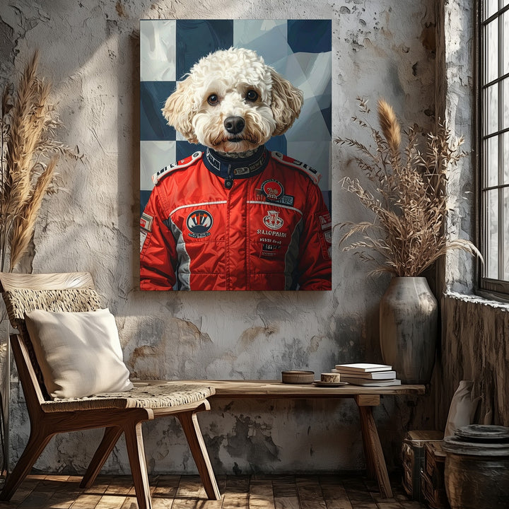 Ferrari Racing Dog Canvas – Humorous F1-Inspired Pet Portrait Wall Art - Gifitto