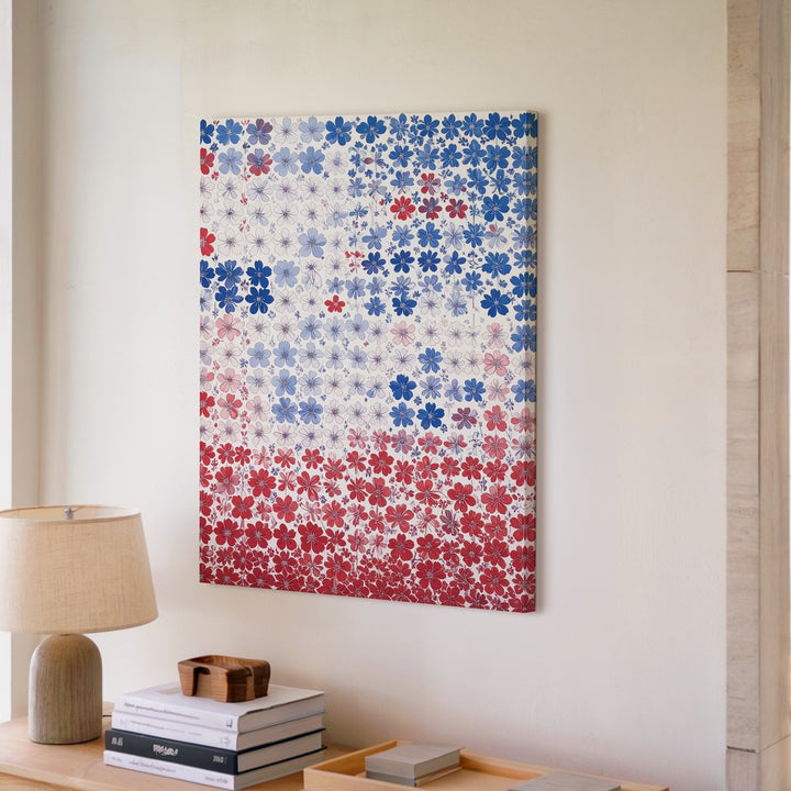 Patriotic Cherry Blossom Canvas – Modern Floral Flag Design in Red, White, and Blue - Gifitto