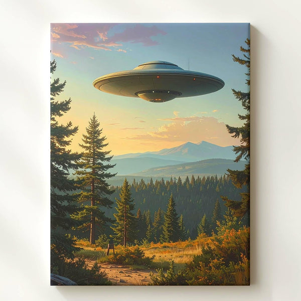 UFO Over Forest Canvas – Peaceful Dusk & Cosmic Mystery Art - Gifitto