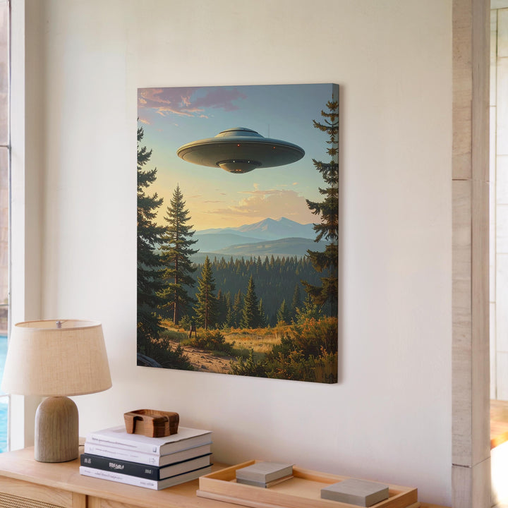 UFO Over Forest Canvas – Peaceful Dusk & Cosmic Mystery Art - Gifitto