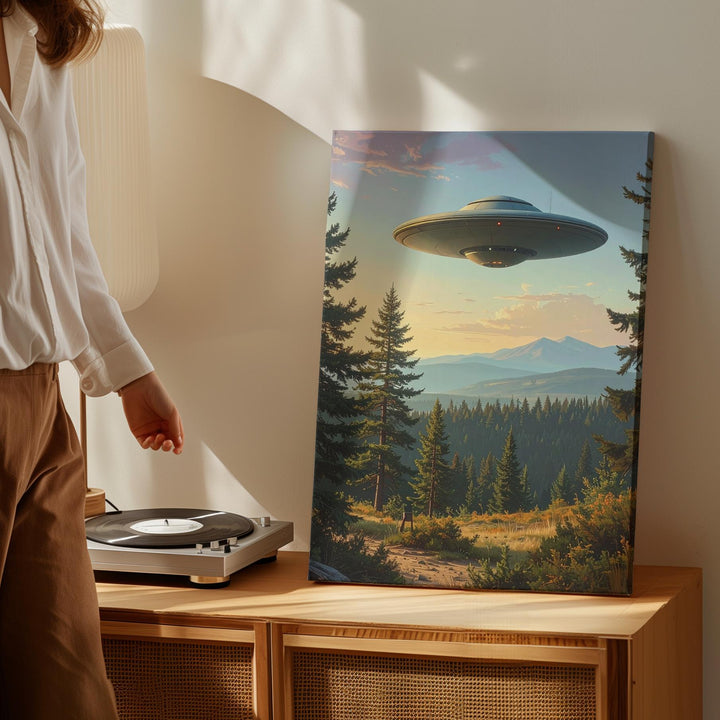 UFO Over Forest Canvas – Peaceful Dusk & Cosmic Mystery Art - Gifitto