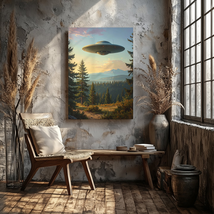 UFO Over Forest Canvas – Peaceful Dusk & Cosmic Mystery Art - Gifitto