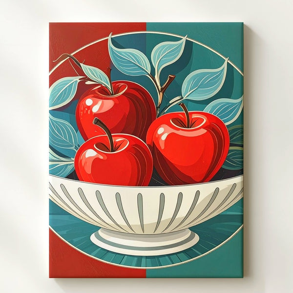 Folk Art Apple Bowl Canvas – Decorative Red Fruit Illustration with Blue Leaves - Gifitto
