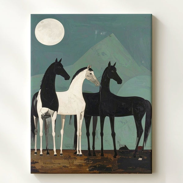 Moonlit Rhythm Canvas – Minimalist Horses on Teal Abstract Field - Gifitto