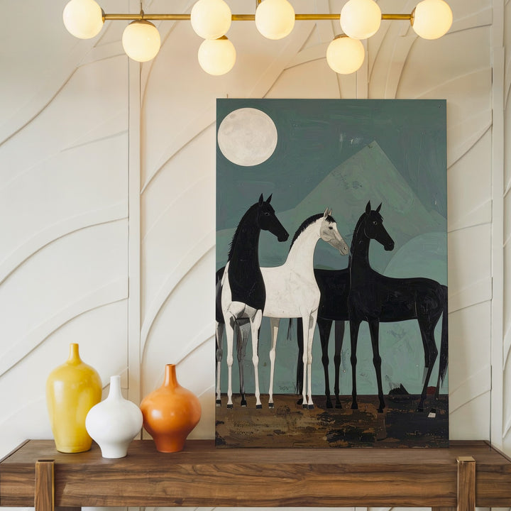 Moonlit Rhythm Canvas – Minimalist Horses on Teal Abstract Field - Gifitto