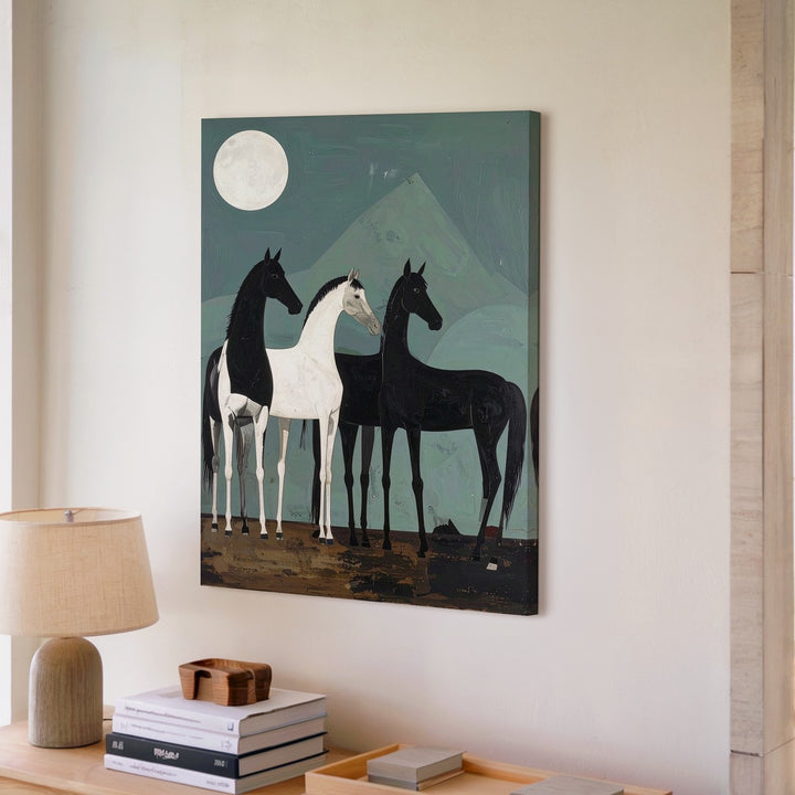 Moonlit Rhythm Canvas – Minimalist Horses on Teal Abstract Field - Gifitto