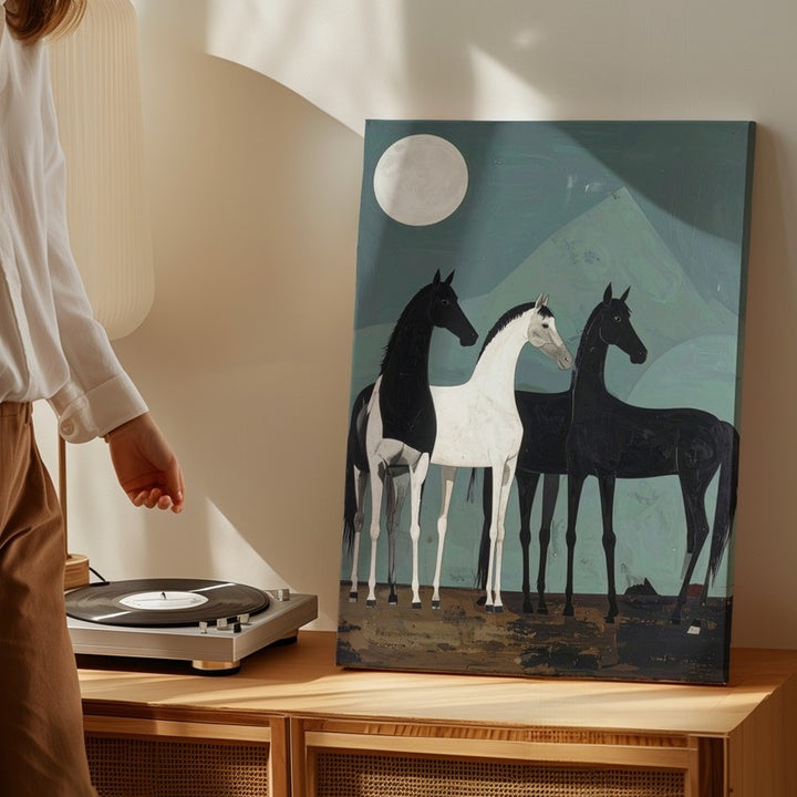 Moonlit Rhythm Canvas – Minimalist Horses on Teal Abstract Field - Gifitto