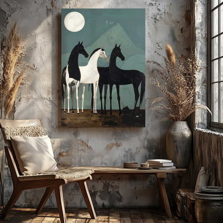 Moonlit Rhythm Canvas – Minimalist Horses on Teal Abstract Field - Gifitto