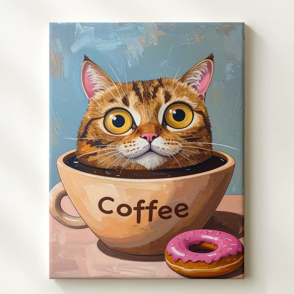Coffee Cat Canvas – Whimsical Cartoon Cat in Mug with Donut Wall Art - Gifitto