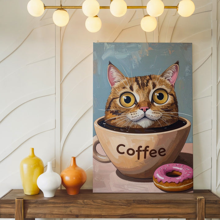 Coffee Cat Canvas – Whimsical Cartoon Cat in Mug with Donut Wall Art - Gifitto