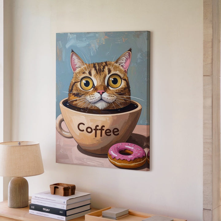 Coffee Cat Canvas – Whimsical Cartoon Cat in Mug with Donut Wall Art - Gifitto