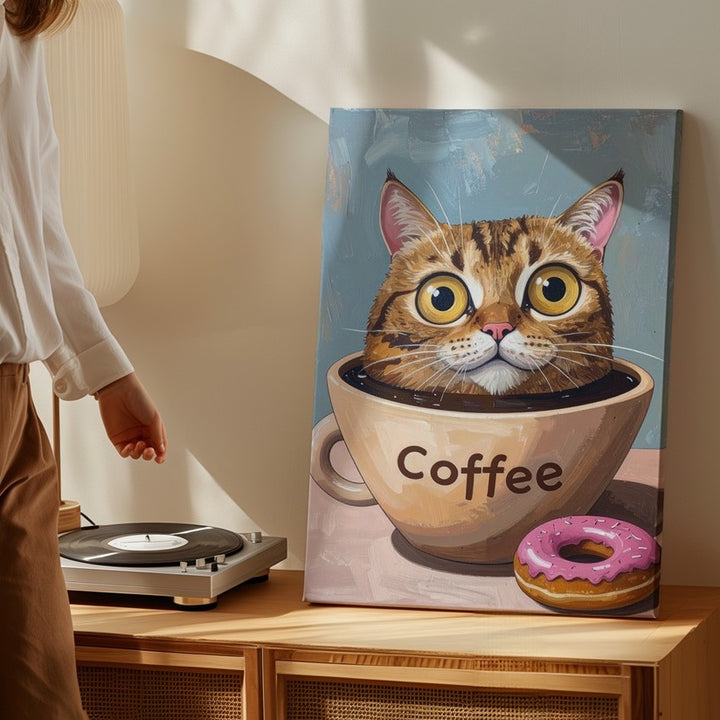 Coffee Cat Canvas – Whimsical Cartoon Cat in Mug with Donut Wall Art - Gifitto