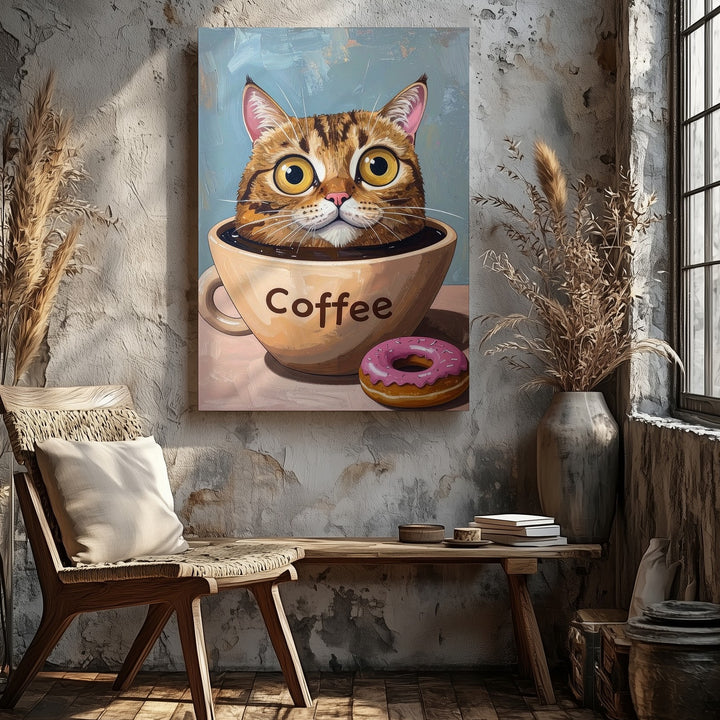 Coffee Cat Canvas – Whimsical Cartoon Cat in Mug with Donut Wall Art - Gifitto