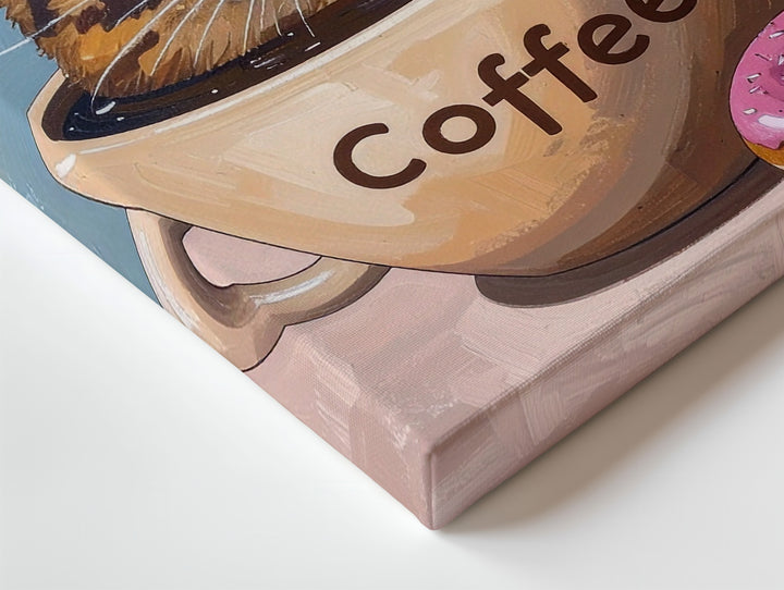 Coffee Cat Canvas – Whimsical Cartoon Cat in Mug with Donut Wall Art - Gifitto