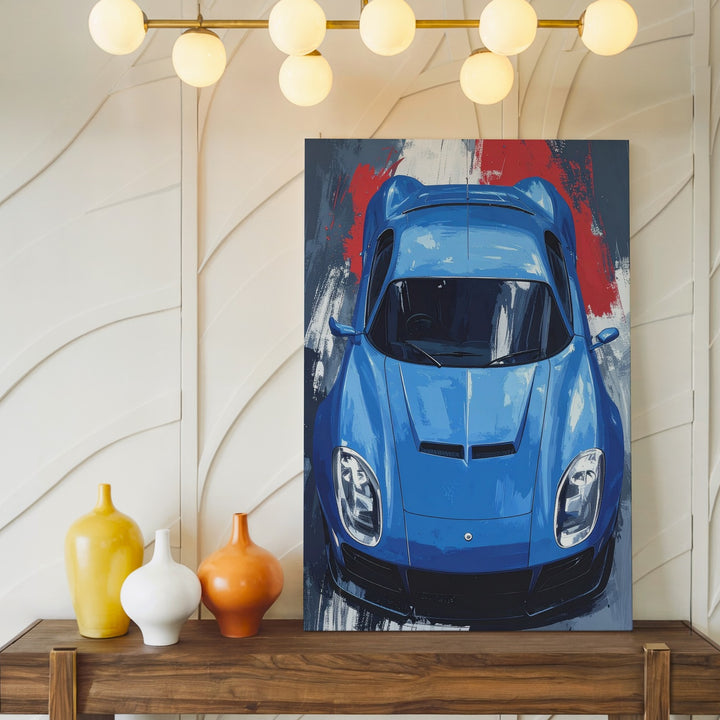 Blue Hypercar Abstract Canvas – Top-Down Automotive Art with Bold Brushstrokes - Gifitto