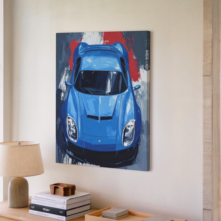 Blue Hypercar Abstract Canvas – Top-Down Automotive Art with Bold Brushstrokes - Gifitto