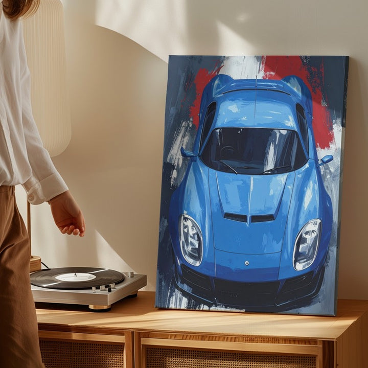 Blue Hypercar Abstract Canvas – Top-Down Automotive Art with Bold Brushstrokes - Gifitto