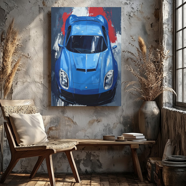 Blue Hypercar Abstract Canvas – Top-Down Automotive Art with Bold Brushstrokes - Gifitto