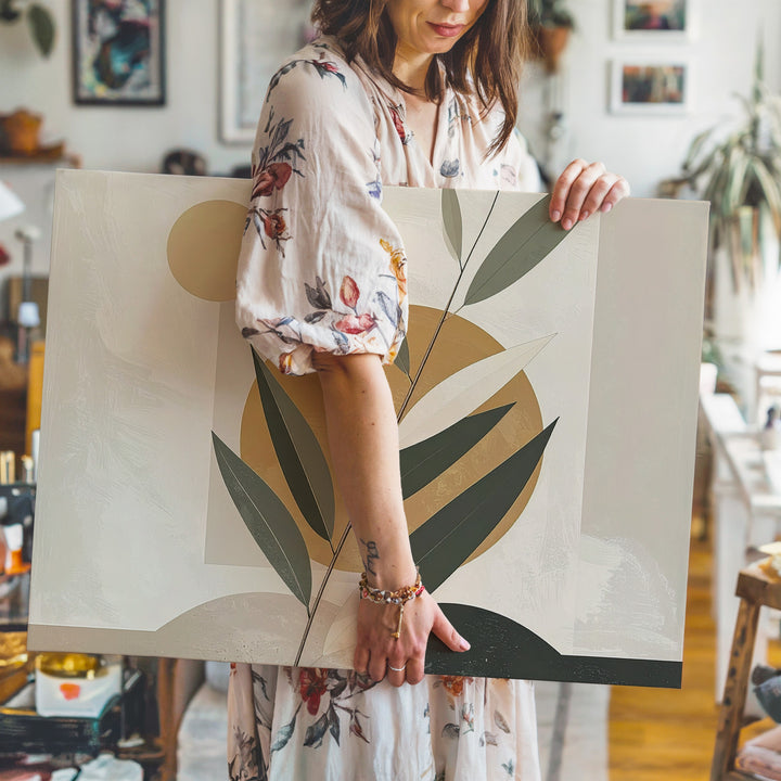 Botanical Abstract Canvas – Minimalist Green Leaves & Geometric Design - Gifitto