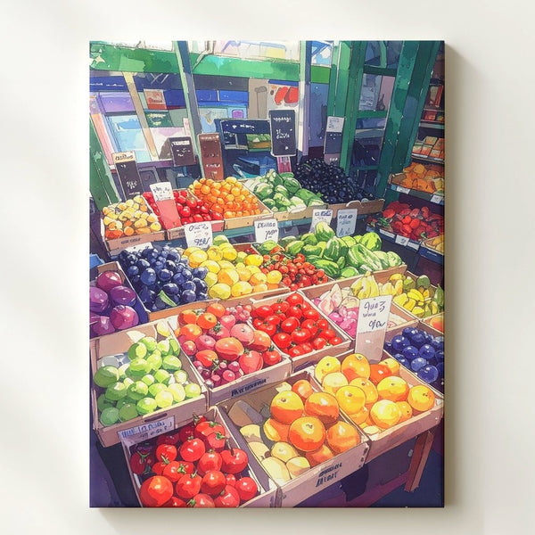 Indoor Market Aerial Canvas – Stylized Fruit Stand Illustration with Vintage Flair - Gifitto