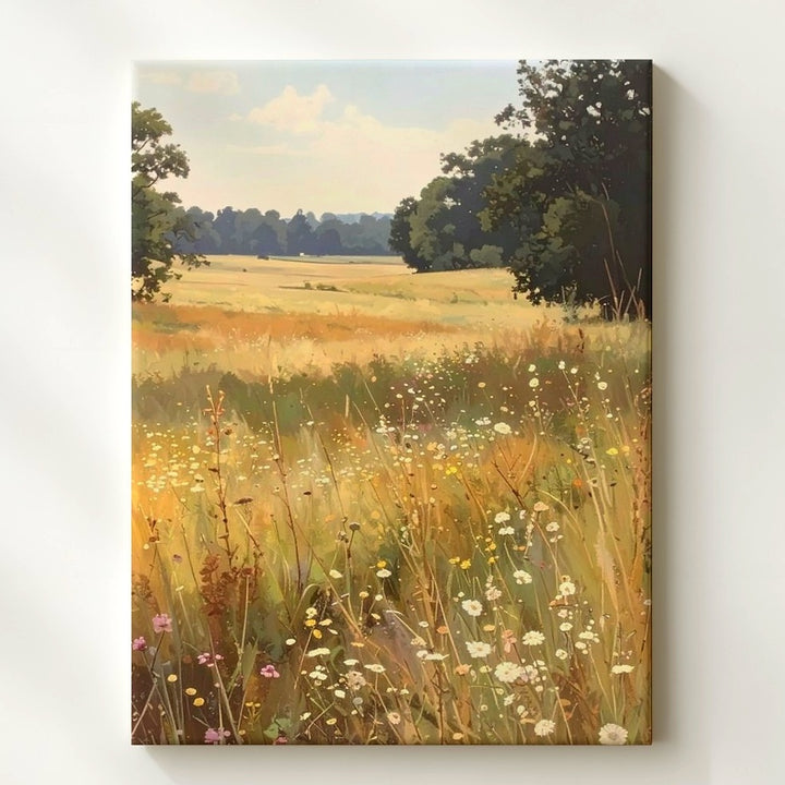 Golden Meadow Canvas – Sunlit Wildflower Landscape in Soft Pastels - Gifitto