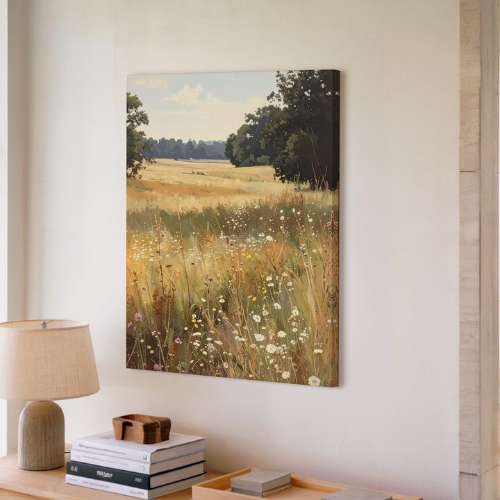 Golden Meadow Canvas – Sunlit Wildflower Landscape in Soft Pastels - Gifitto