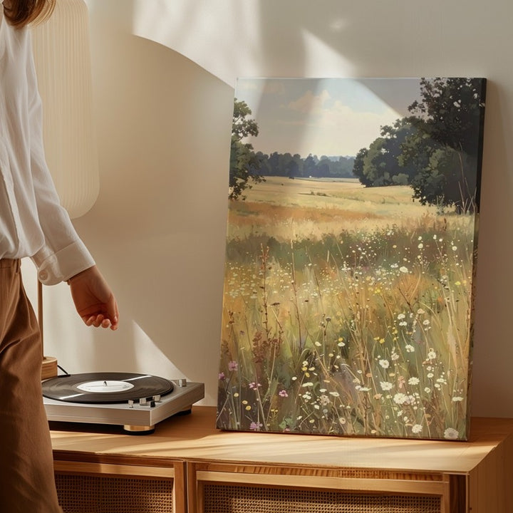 Golden Meadow Canvas – Sunlit Wildflower Landscape in Soft Pastels - Gifitto