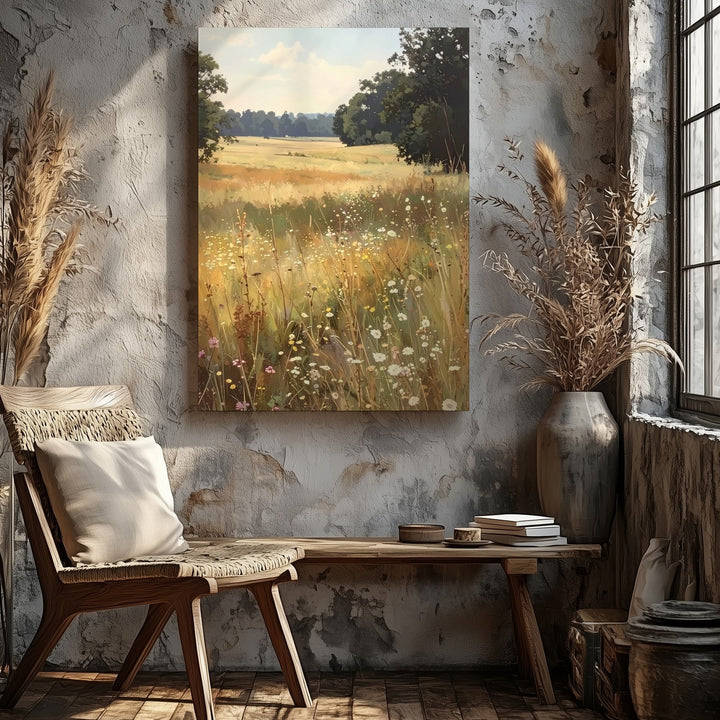 Golden Meadow Canvas – Sunlit Wildflower Landscape in Soft Pastels - Gifitto