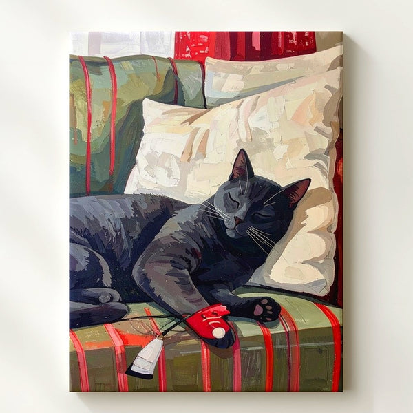 Cozy Couch Cat Canvas – Sleeping Gray Cat with Red Sneaker Wall Art - Gifitto
