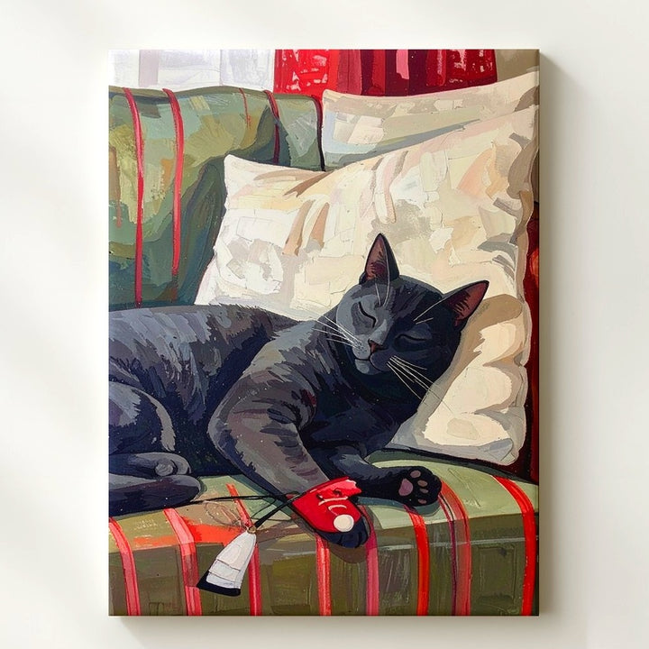 Cozy Couch Cat Canvas – Sleeping Gray Cat with Red Sneaker Wall Art - Gifitto