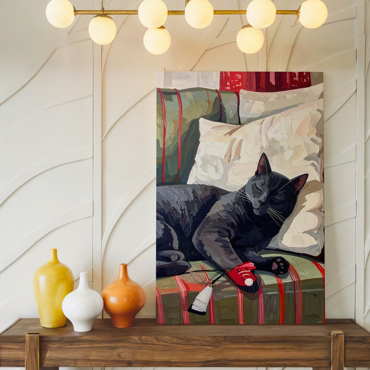 Cozy Couch Cat Canvas – Sleeping Gray Cat with Red Sneaker Wall Art - Gifitto