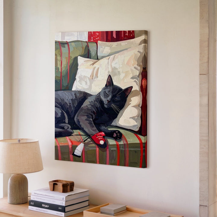 Cozy Couch Cat Canvas – Sleeping Gray Cat with Red Sneaker Wall Art - Gifitto