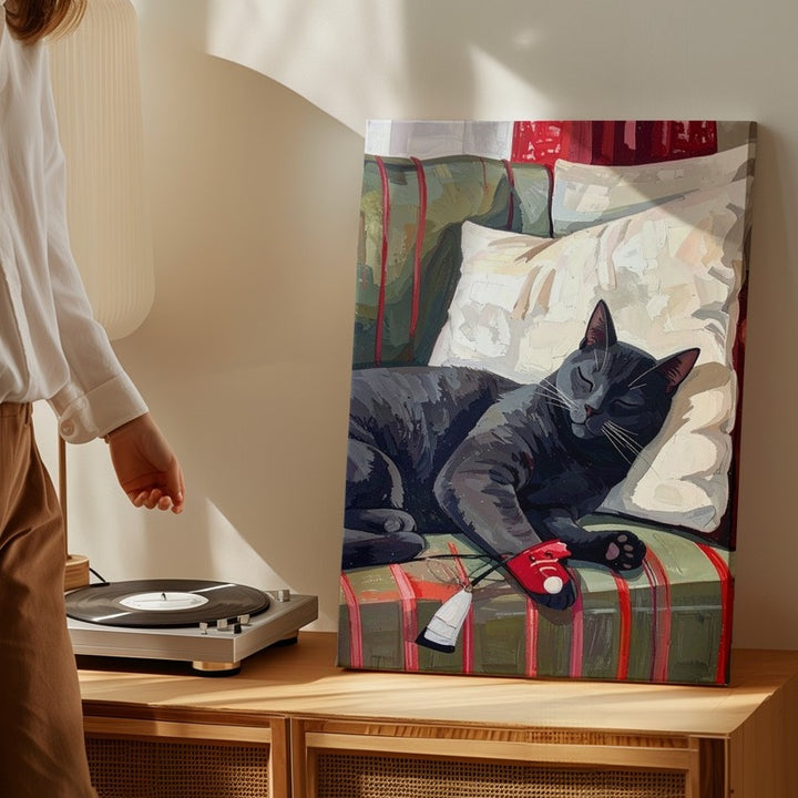 Cozy Couch Cat Canvas – Sleeping Gray Cat with Red Sneaker Wall Art - Gifitto
