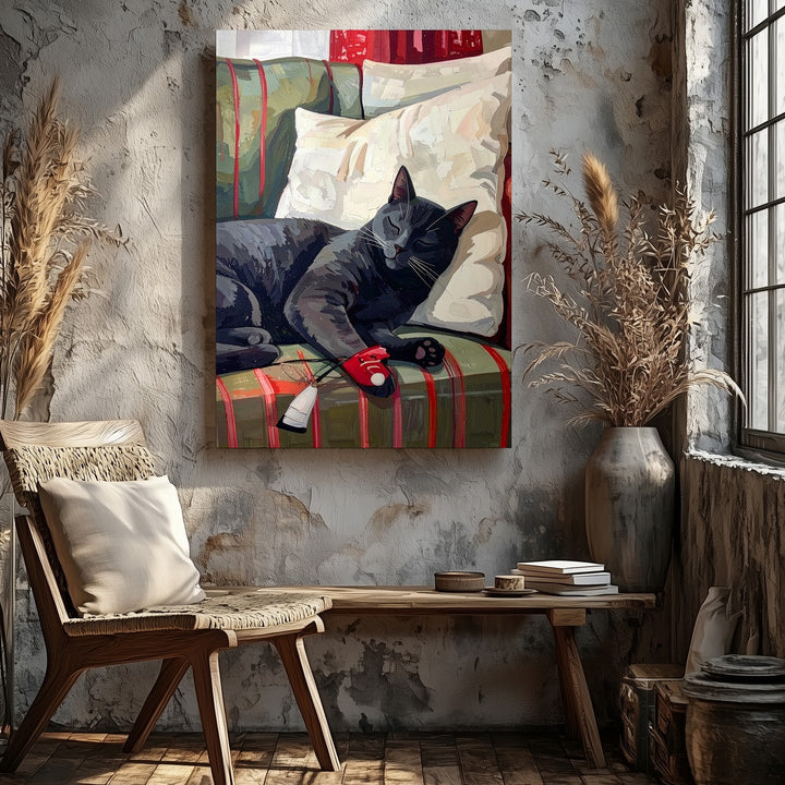 Cozy Couch Cat Canvas – Sleeping Gray Cat with Red Sneaker Wall Art - Gifitto