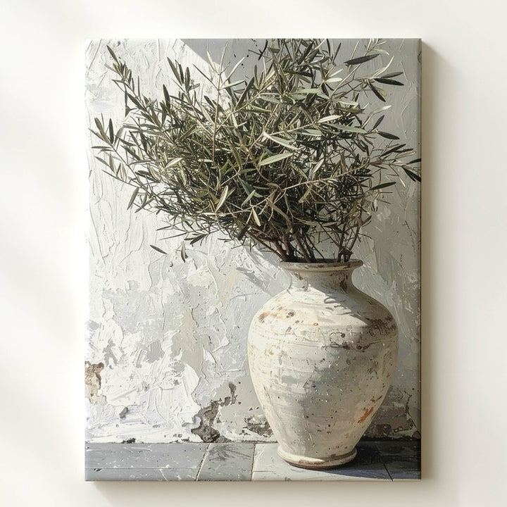 Rustic Mediterranean Vase Canvas – Minimalist Olive Branch Wall Art - Gifitto