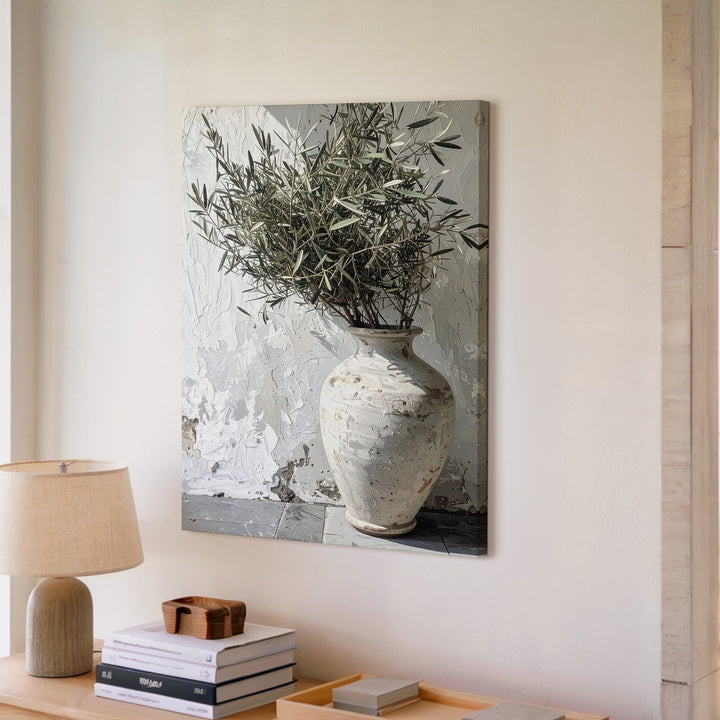 Rustic Mediterranean Vase Canvas – Minimalist Olive Branch Wall Art - Gifitto