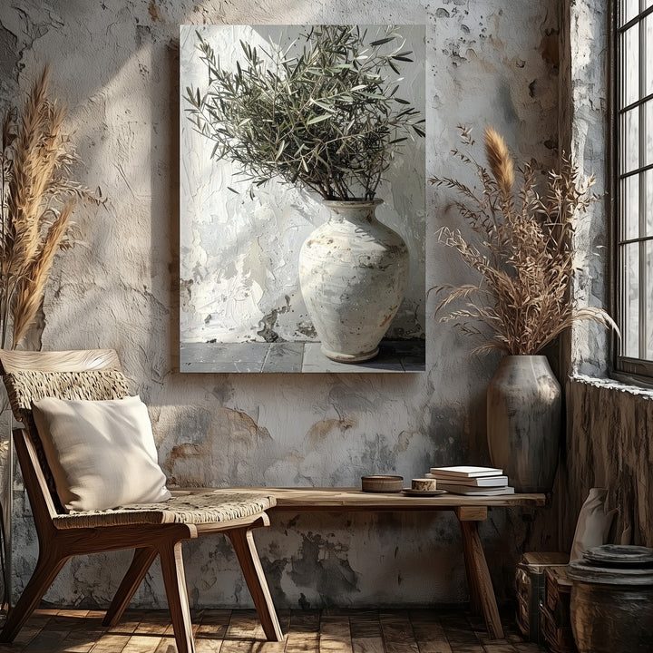 Rustic Mediterranean Vase Canvas – Minimalist Olive Branch Wall Art - Gifitto
