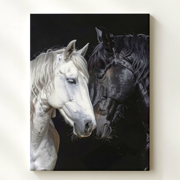 Unity in Contrast Canvas – Black and White Horses in Tender Embrace - Gifitto