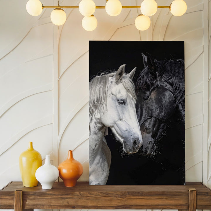 Unity in Contrast Canvas – Black and White Horses in Tender Embrace - Gifitto