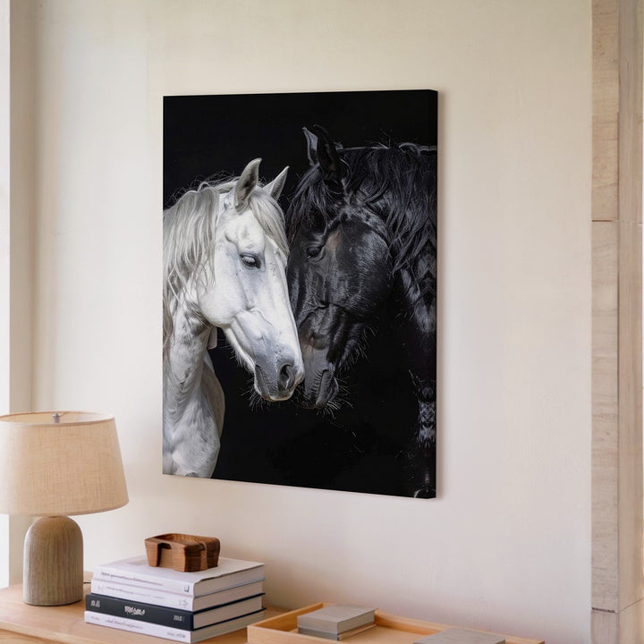Unity in Contrast Canvas – Black and White Horses in Tender Embrace - Gifitto